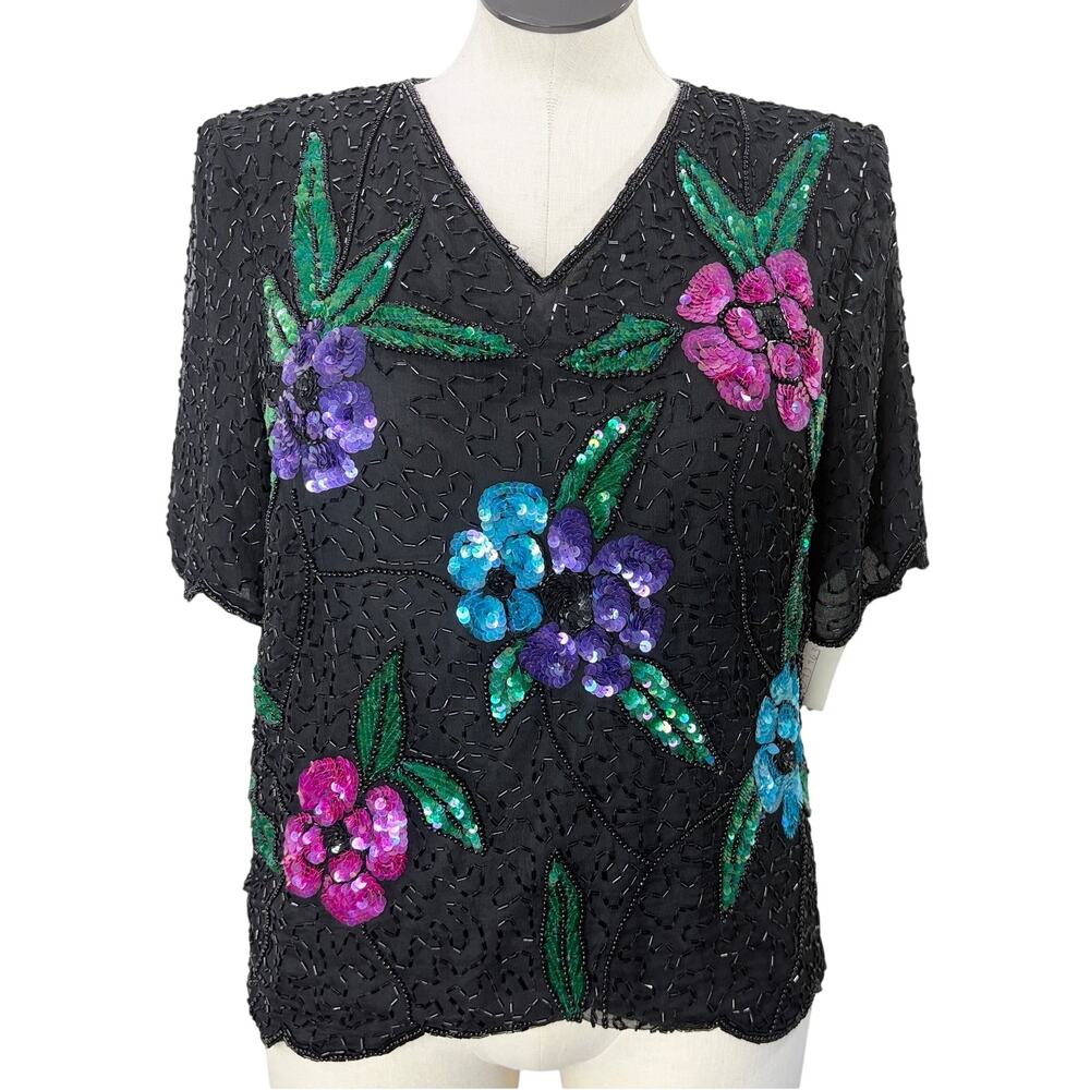 Stenay Size XL Silk Top Sequin Beaded Floral Tropical Cruise Resort Cocktail NOS